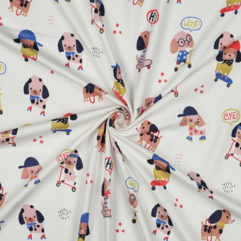 Tissu Jersey Coton imprimé digital Petits Chiens sur fond Ecru