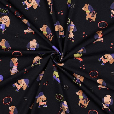 Tissu Jersey Coton imprimé digital Petits Chiens sur fond Noir