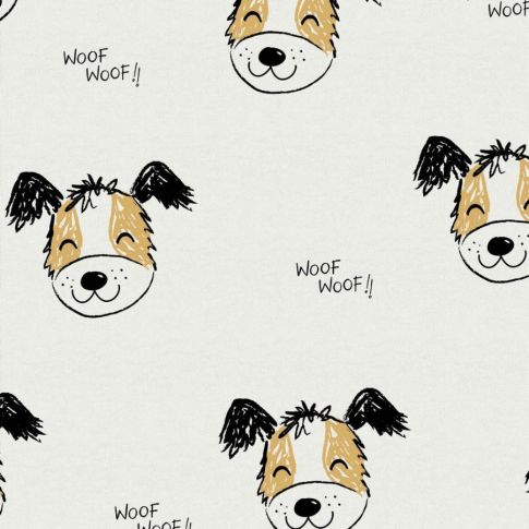 Tissu Sweat  Woof sur fond Ecru
