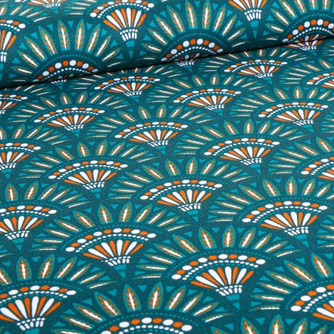 Tissu Toile de Coton Eventails palma sur fond Bleu paon