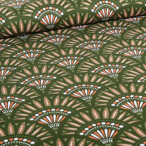 Tissu Toile de Coton Eventails palma sur fond Vert