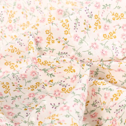 Tissu Coton plumetis Eden garden sur fond Blanc cassé