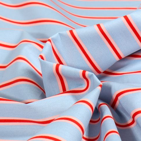 Tissu Coton imprimé rayures Rouge et rose pâle sur fond Bleu ciel