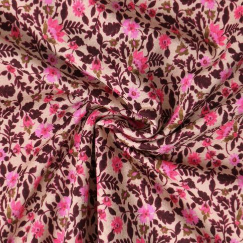 Tissu Sweat léger French Terry Lilia fleurs Roses sur fond Beige nougat