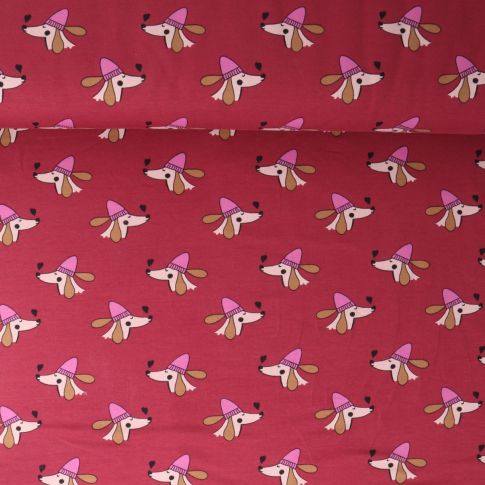 Tissu Sweat léger French Terry Capucine chiens rigolos sur fond Framboise