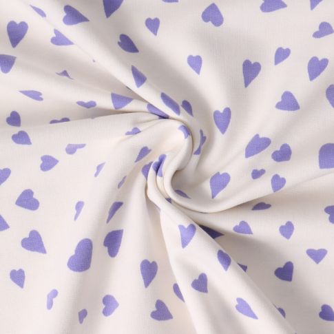 Tissu Sweat léger French Terry Capucine cœurs Violets sur fond Blanc