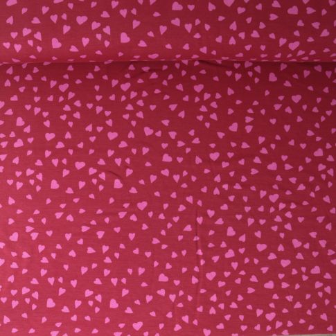 Tissu Sweat léger French Terry Capucine cœurs Roses sur fond Framboise