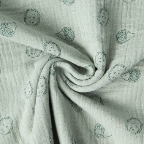 Tissu Double Gaze de Coton Poppy petits Hérissons sur fond Vert pastel