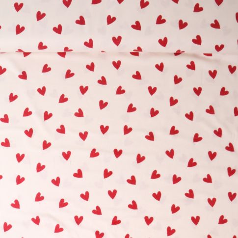 Tissu Flanelle de Coton  Caline cœurs Rouges sur fond Blanc