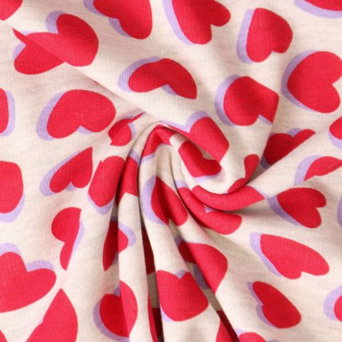Tissu Sweat  léger envers molletonné Lisa coeurs Rouges sur fond Gris chiné
