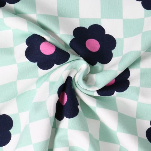 Tissu Sweat léger envers molletonné Jade fleurs Bleu marine sur fond Blanc