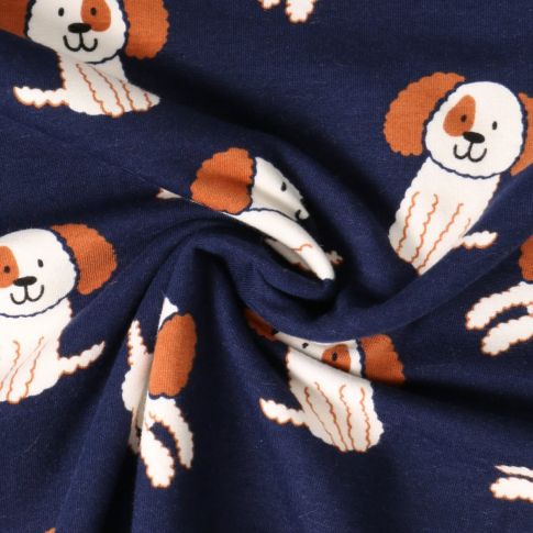 Tissu Sweat léger envers molletonné Oscar chiots Blancs sur fond Bleu marine