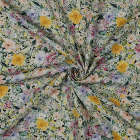 Tissu Crêpe de Viscose Lin digital Prairie Lumineuse sur fond Naturel