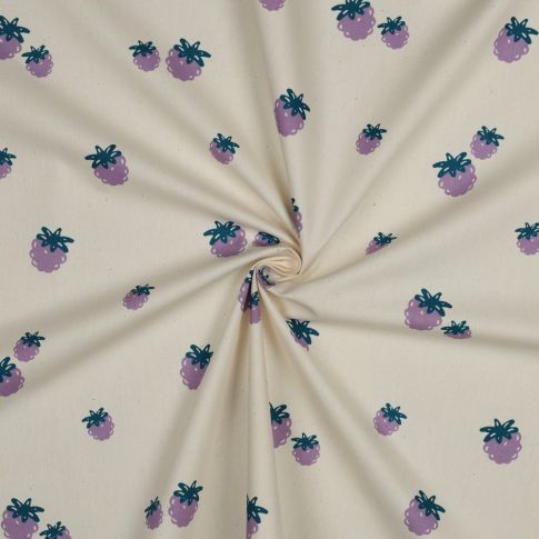 Tissu Popeline de Coton Capucine Mûres Acidulées sur fond Ecru