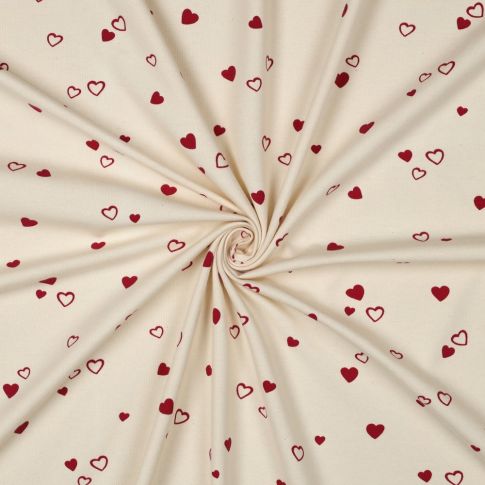 Tissu Jersey Coton imprimé Bio Petits Coeurs Rouges sur fond Ecru