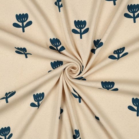 Tissu Jersey Coton côtelé Bio Tulipes Bleu sur fond Ecru