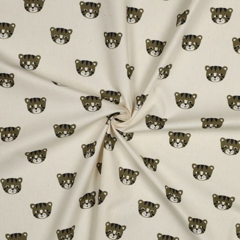 Tissu Popeline de Coton Bio Têtes de Tigres Kaki sur fond Ecru
