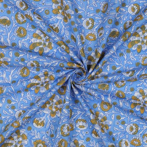Tissu Coton indien Block print Fleuris Léa sur fond Bleu ciel