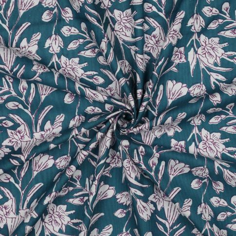 Tissu Coton indien Block print Fleuris Julia sur fond Bleu pétrole