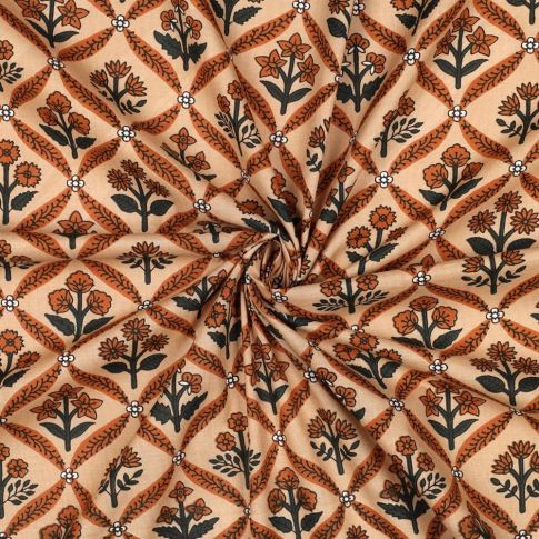 Tissu Coton indien Block print Fleuris Tia sur fond Camel