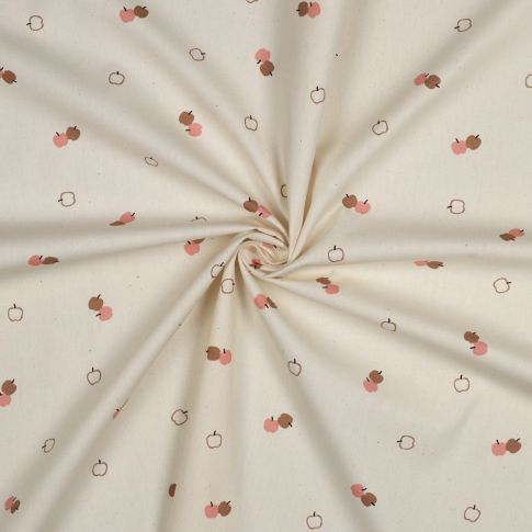 Tissu Popeline de Coton Bio Petites pommes sur fond Ecru