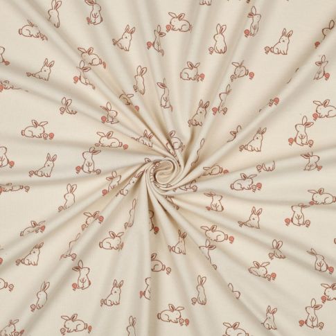 Tissu Jersey Coton imprimé Bio Lapins sur fond Ecru
