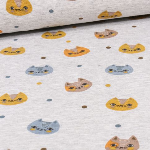 Tissu Sweat envers minky Kittyz sur fond Gris chiné