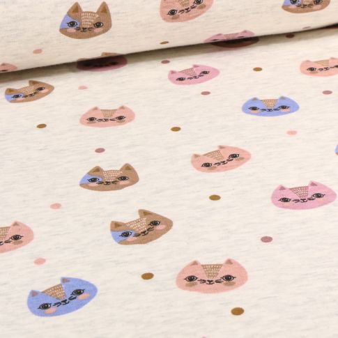 Tissu Sweat envers minky Kittyz sur fond Beige chiné