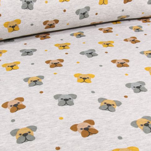 Tissu Sweat envers minky  Doggyz sur fond Gris chiné