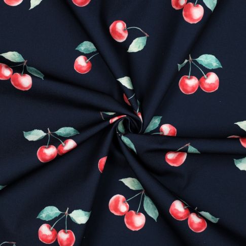 Tissu Nappe imperméable digital Cerises sur fond Bleu marine