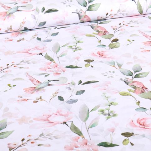 Tissu Coton imprimé Colibris flower sur fond Blanc