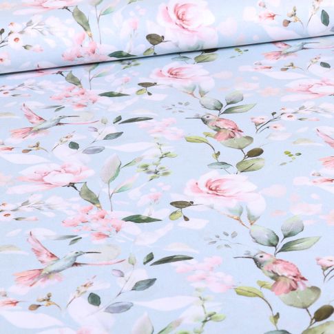 Tissu Coton imprimé Colibris flower sur fond Bleu ciel