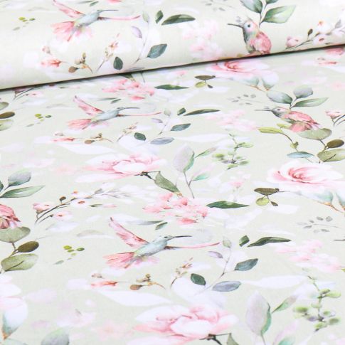 Tissu Coton imprimé Colibris flower sur fond Vert menthe clair