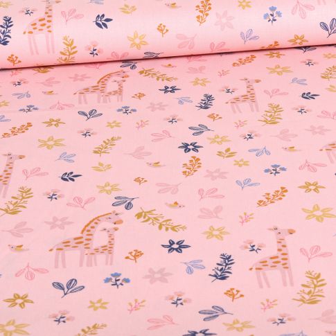 Tissu Coton imprimé Bio LittleBird Girafes Love sur fond Rose pâle