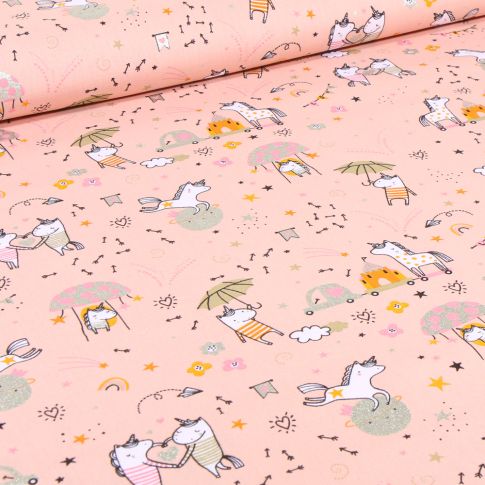 Tissu Coton imprimé Love licorne sur fond Rose saumon