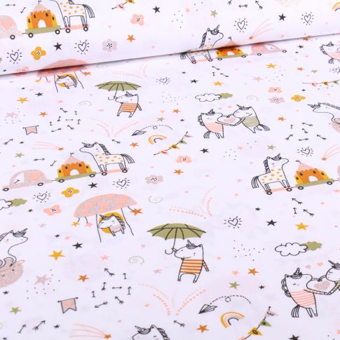 Tissu Coton imprimé Love licorne sur fond Blanc