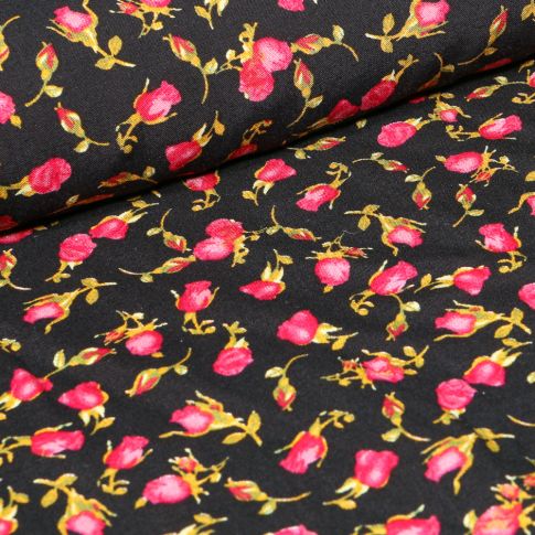 Tissu Viscose Roses sur fond Noir