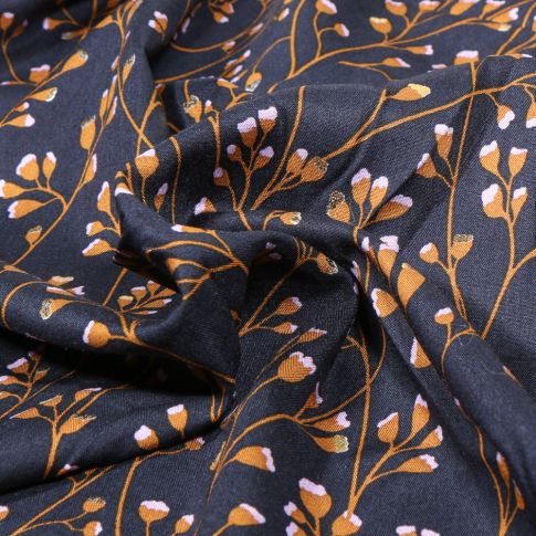 Tissu Viscose Branches pailletées sur fond Bleu marine