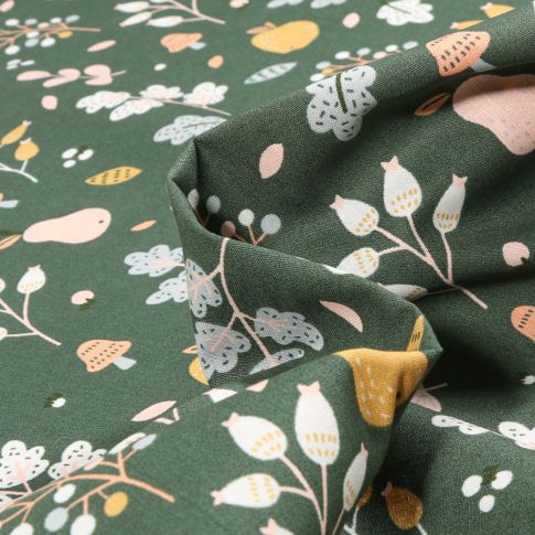 Tissu Coton imprimé Fruitiers sur fond Vert