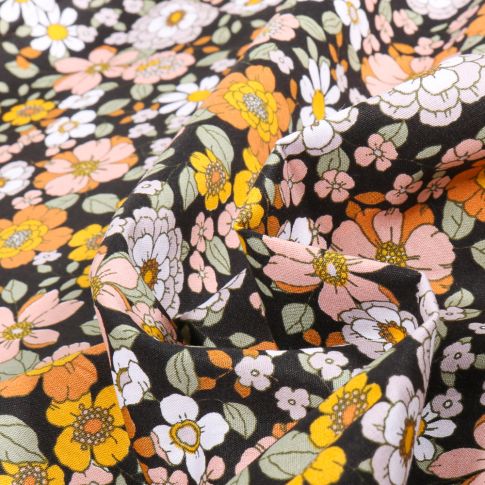 Tissu Coton imprimé Sweet Flower Florentina sur fond Noir