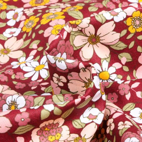 Tissu Coton imprimé Sweet Flower Florentina sur fond Bordeaux