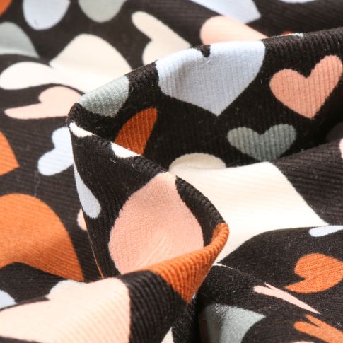 Tissu Velours milleraies Coeurs colorés sur fond Noir