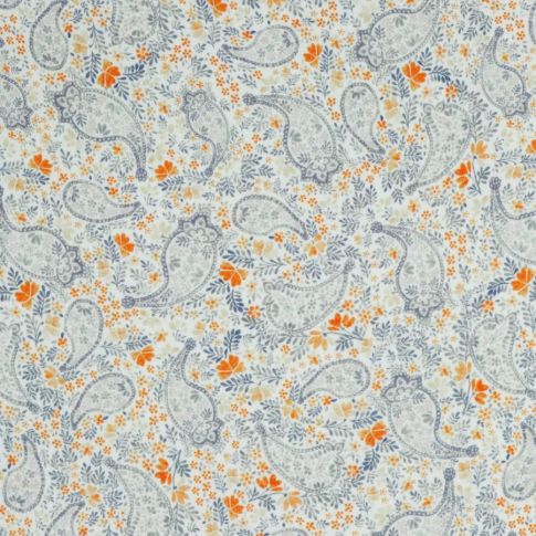 Tissu Popeline de Coton Paisley fleuris bleu sur fond Blanc cassé