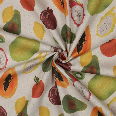 Tissu Toile Coton Canvas aspect Lin Fruits Exotiques sur fond Naturel