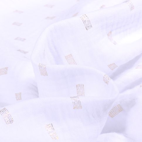 Tissu Double gaze Rectangles striés dorés sur fond Blanc