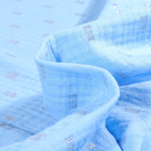 Tissu Double gaze Rectangles striés dorés sur fond Bleu
