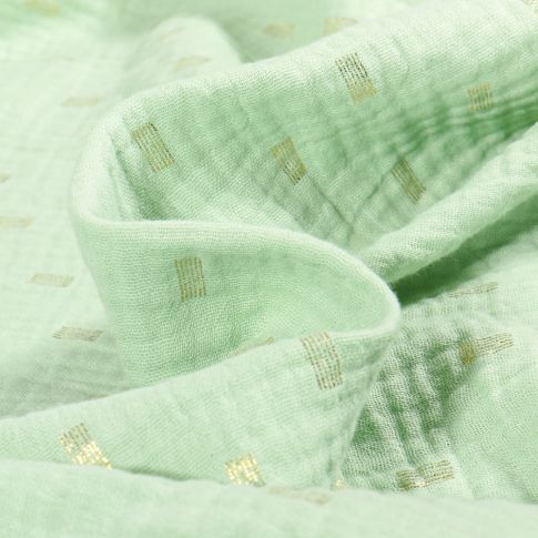 Tissu Double gaze Rectangles striés dorés sur fond Vert