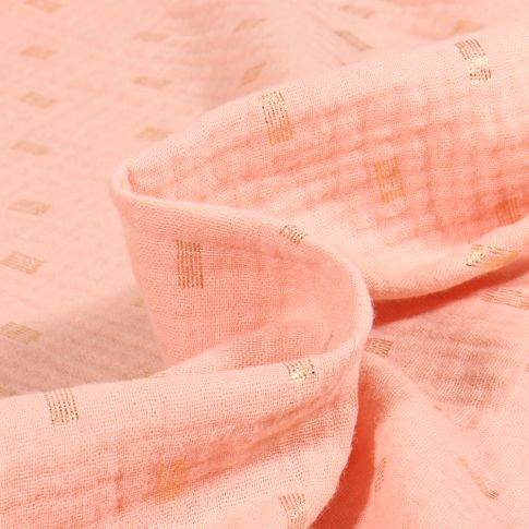 Tissu Double gaze Rectangles striés dorés sur fond Rose saumon