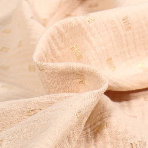 Tissu Double gaze Rectangles striés dorés sur fond Beige