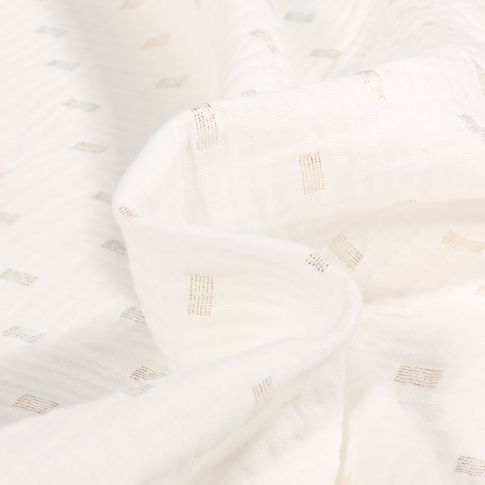 Tissu Double gaze Rectangles striés dorés sur fond Ecru